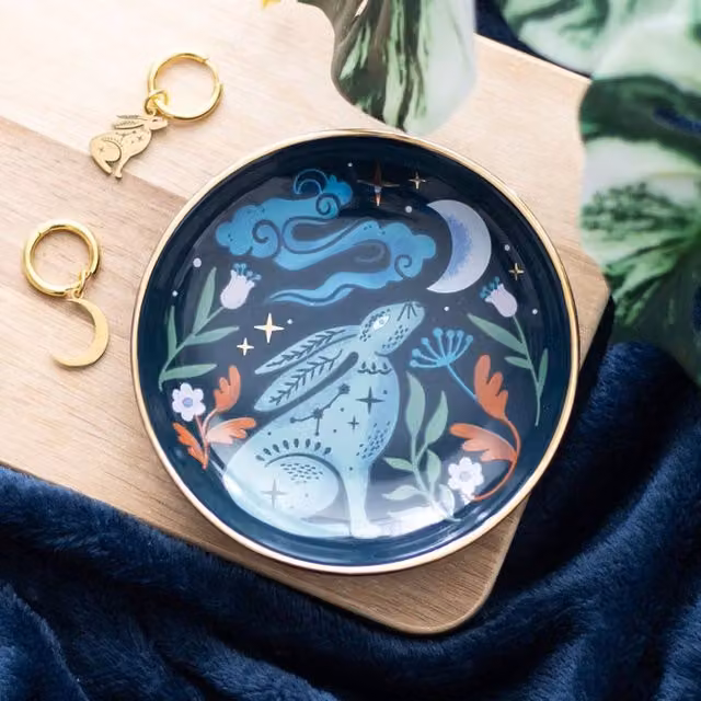 Uniqueful Midnight Hare Ceramic Trinket Dish Bowl in Blue, Gold and Multicolour with Floral Design