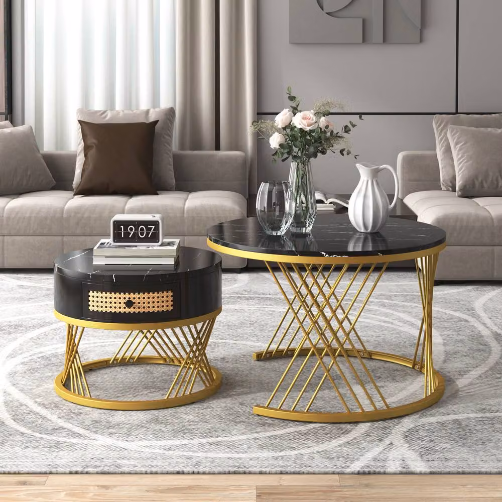 ModernLuxe 2-in-1 Round Coffee Table with Marble Top and Rattan Drawers in Black – 2