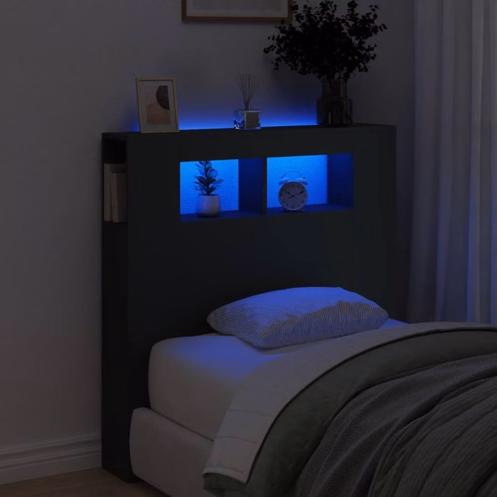 Berkfield Home LED Headboard in Black with Integrated Lighting and Bedside Shelf, W/D/H: 100 x 18.5 x 103.5 cm – 1