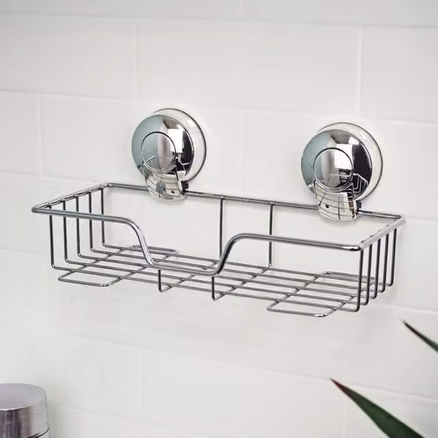 Showerdrape Suctionloc Chrome Suction Wall Rectangular Basket with Mounting Discs in Silver