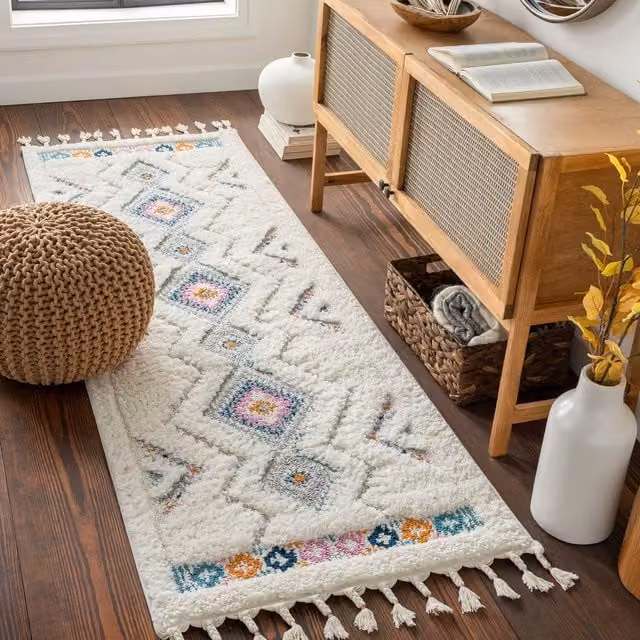 Livabliss Lofty-Shaggy Vintage Boho Plush Soft Pile Rug in Ivory, Orange and Blue with Fringes, W: 160 cm, D: 215 cm