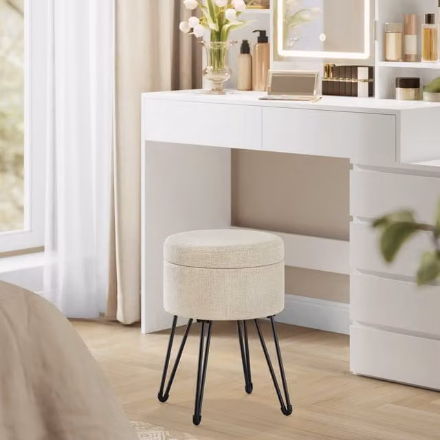 SONGMICS White Fabric Storage Ottoman and Dressing Table Stool