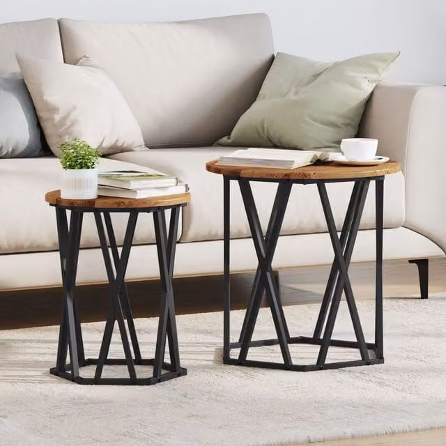 Berkfield Home Rustic Round Wood and Metal Nesting Tables with Geometric Inlays in Brown and Black – 1