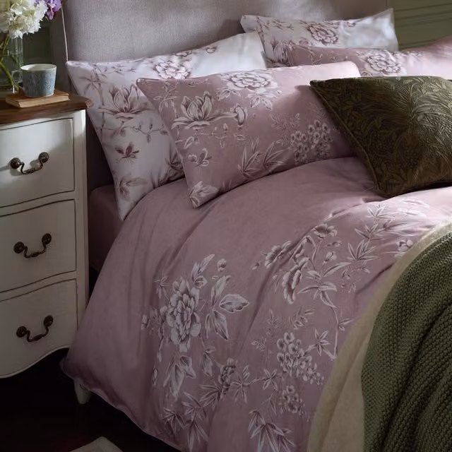 Laura Ashley Rowsham Garden Floral Reversible Cotton Mako Satin Housewife Pillowcase in Dark Blush and Pink
