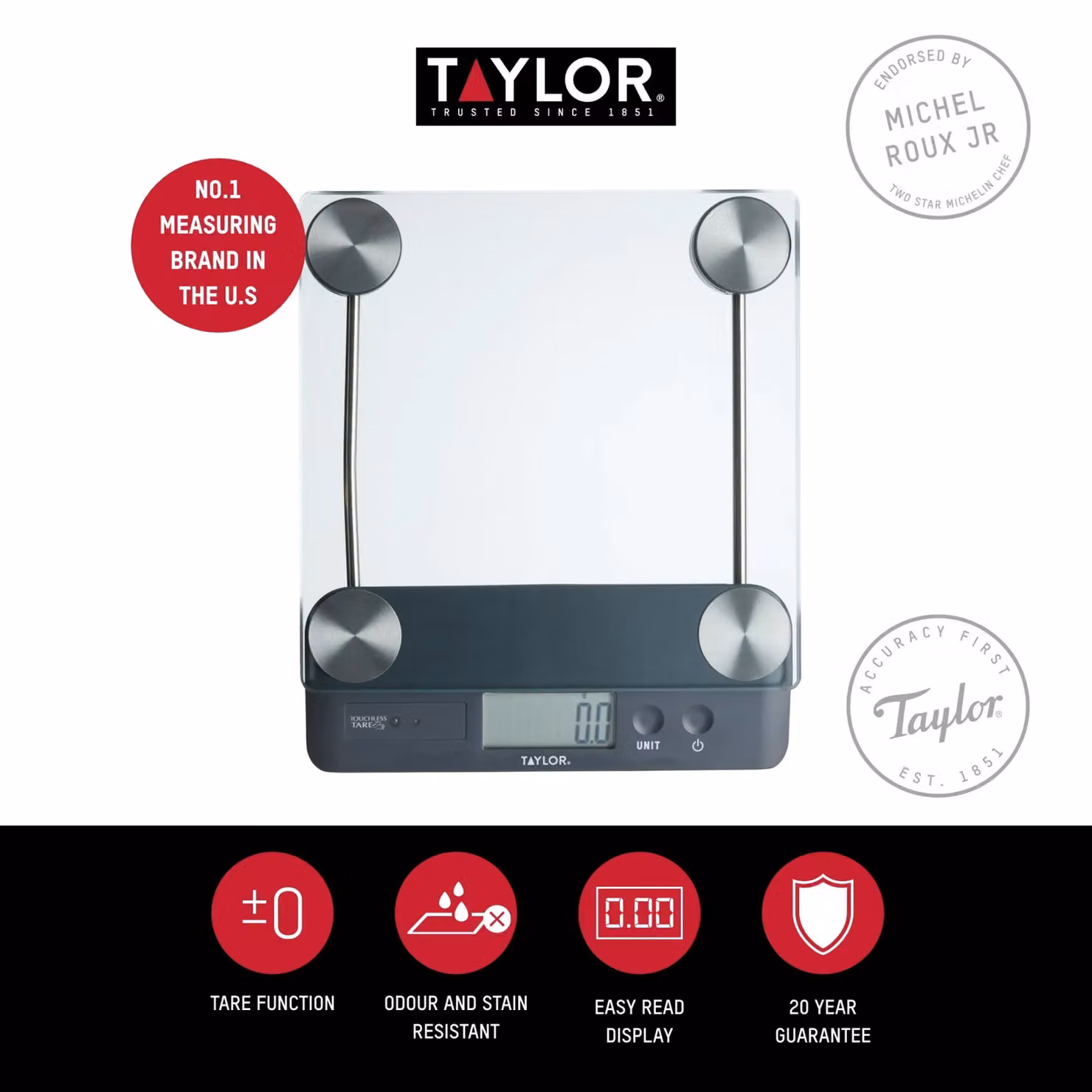 Taylor Touchless Tare Digital Dual Kitchen Scale with 14.4kg Capacity in Transparent Glass – 6