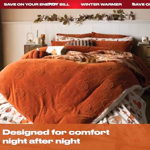 OHS Pumpkin Tufted Teddy Fleece Double Duvet Set with Pillowcases, Orange, Duvet Cover W/D/H: 200 x 200 cm, Pillowcase W/D/H: 50 x 75 cm – 2