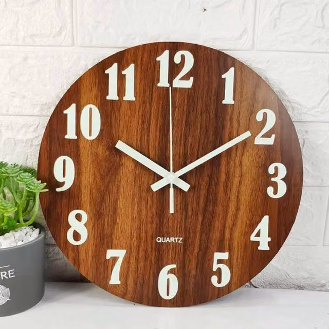 VOGREX Brown Wooden Round Wall Clock with Silent Quartz Movement and Glow in the Dark Feature, Diameter: 30 cm