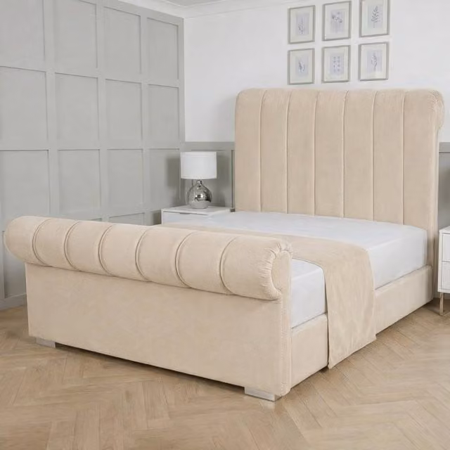 Living Comfort Bedz Orion Upholstered Gas Lift Storage Bed in Beige, Super King Size (200 x 200 cm)