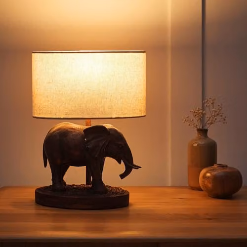 K LIVING Elephant Antique Copper Resin Table Lamp with Fabric Shade – 2
