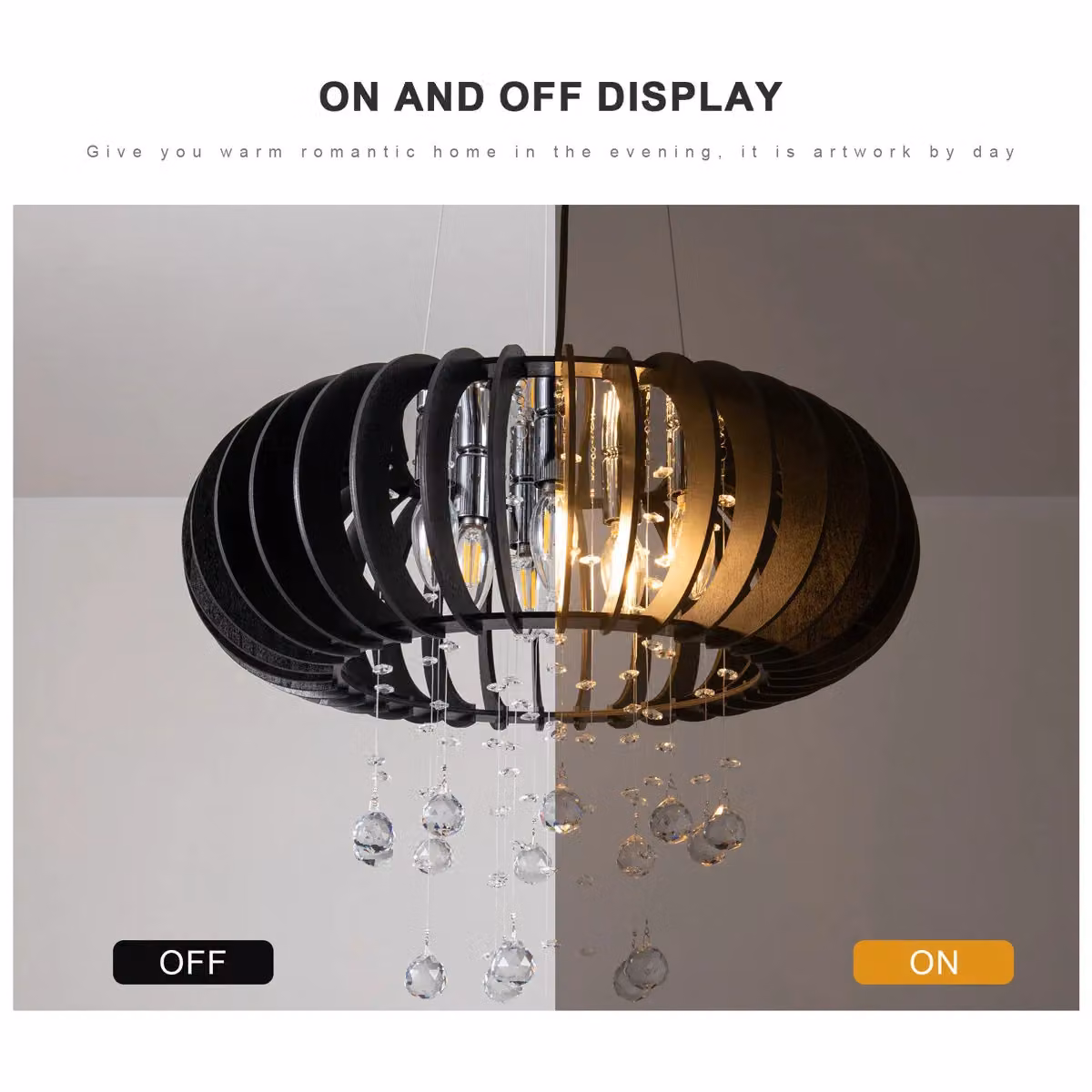 Garwarm 6 Light Dimmable Wood and Crystal Caged Chandelier in Black – 7
