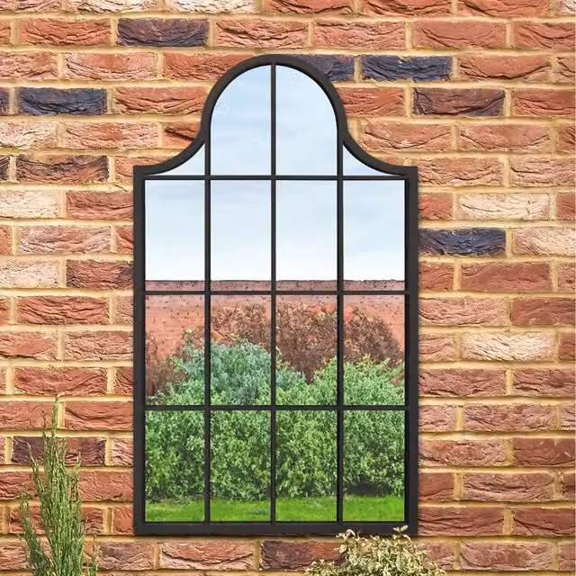 MirrorOutlet Arcus Modern Metal Framed Arch Garden Wall Mirror in Black