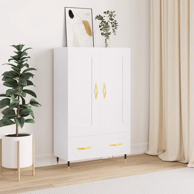 Berkfield Home Modern White Highboard with Hinged Doors and Drawers, W/D/H: 69.5 x 31 x 115 cm