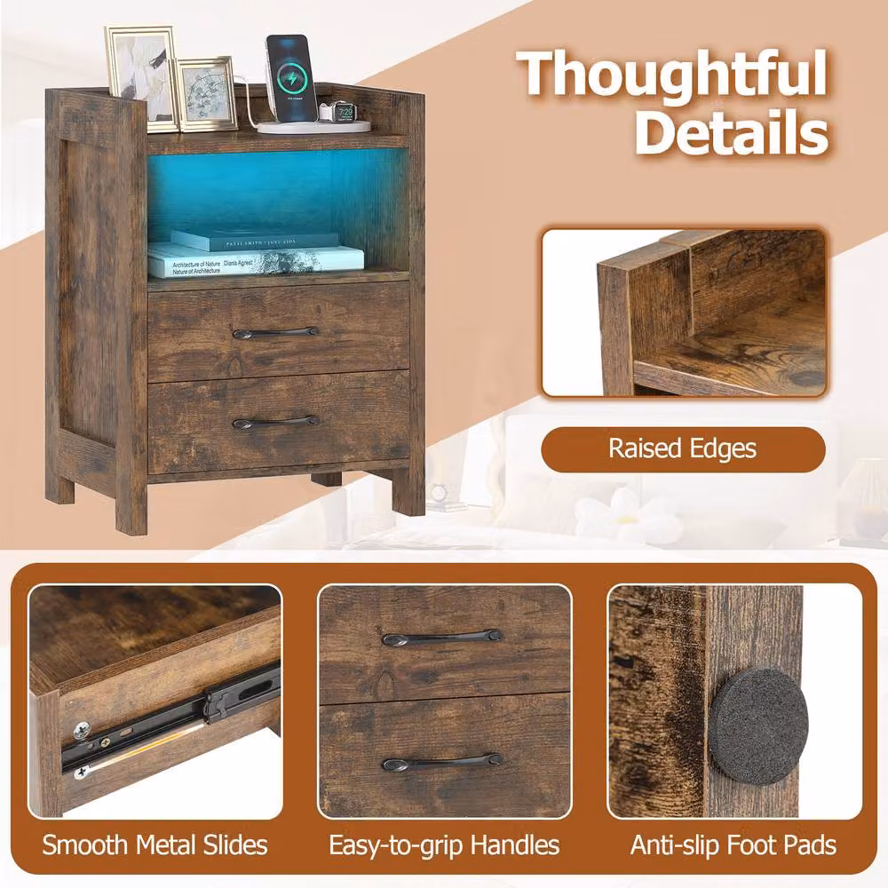 Gymax Modern Brown Nightstand with Integrated LED Lighting and Power Outlets – 3