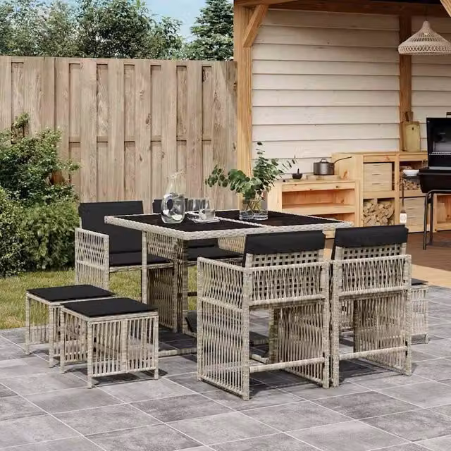 Berkfield Home 9 Piece Garden Dining Set with Light Grey Poly Rattan Cushions