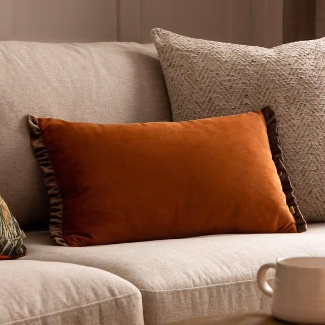 Wylder Tilly Burnt Orange Velvet Frill Reversible Rectangular Cushion W: 50 cm, H: 30 cm, D: 30 cm
