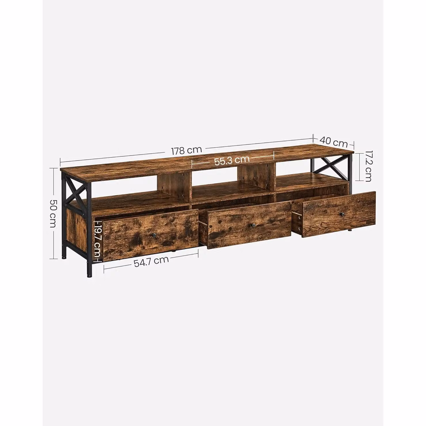 VASAGLE Extra Large Industrial TV Stand Cabinet with 3 Drawers and 3 Open Shelves in Brown – 2