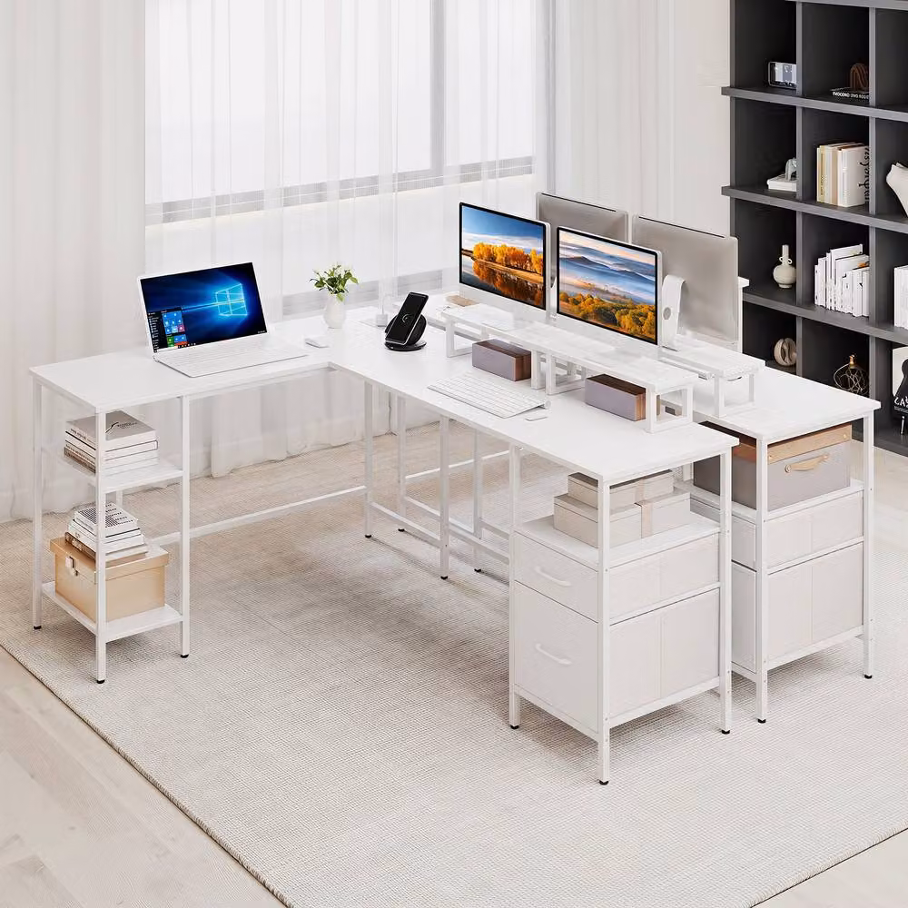 Costway L-shaped Reversible Corner Desk with Power Outlets in White – 2