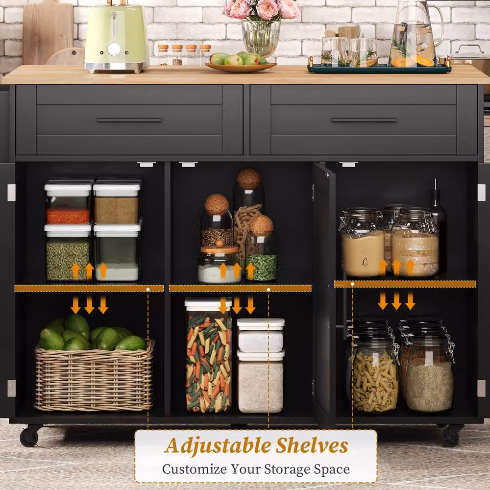 Matteo Kitchen Island with Foldable Top, Adjustable Shelves and Wheels in Black – 4