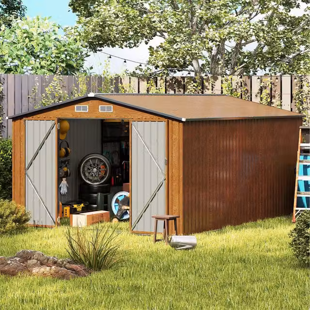 Costway Metal Outdoor Garden Storage Shed in Brown