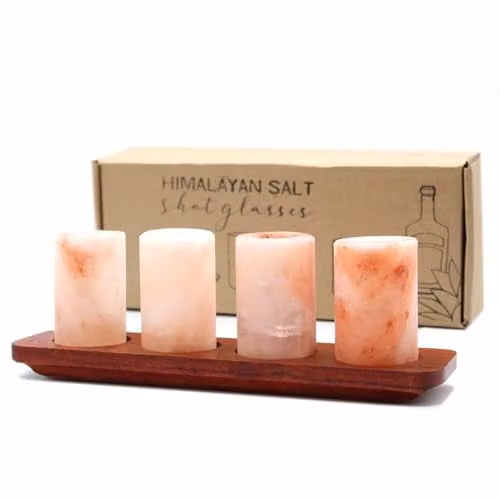 Serenityy Set of 4 Natural Pink Himalayan Salt Shot Glasses with Wood Serving Tray