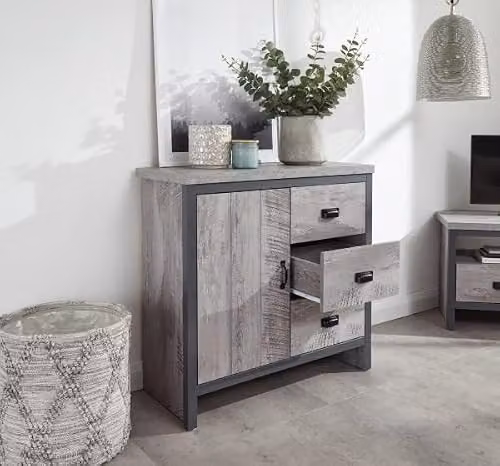 GFW Boston Grey Wood Effect Multi Storage Unit with 1 Door and 3 Drawers, W: 76 cm, D: 35 cm, H: 78 cm – 3