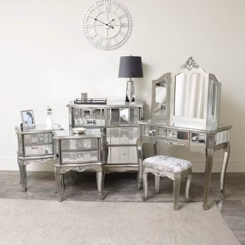 Melody Maison Tiffany Range Silver Mirrored Bedroom Furniture Set including Chest of Drawers, Dressing Table and Bedside Tables – 1