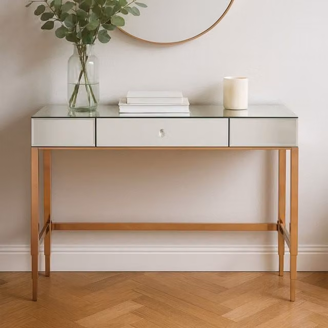 Orsina Contemporary Glass and Metal Console Table in Gold, W/D/H: 120 x 40 x 80 cm
