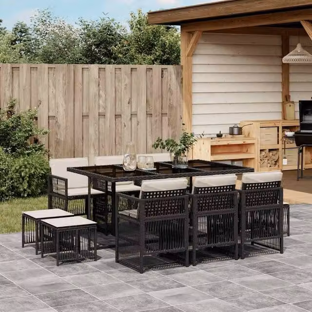Berkfield Home 11 Piece Black Poly Rattan Garden Dining Set with Cushions – 1