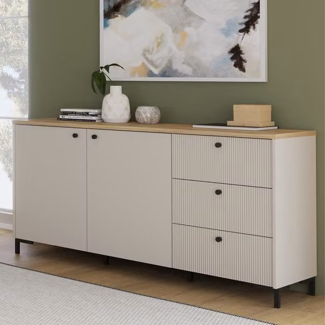 Furniture To Go Bixbite Wide Sideboard with Fluted Drawers and Cupboard in Mauvella Oak and Sand