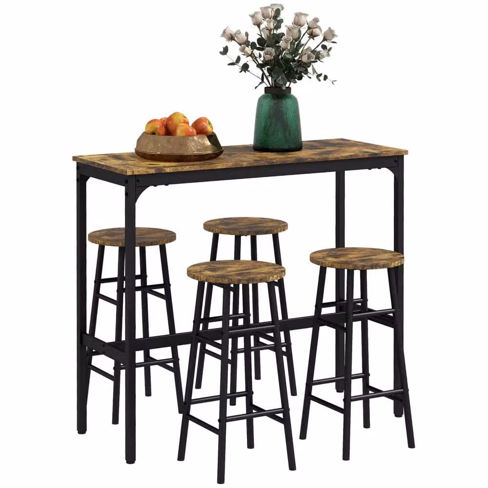 Wyld Haus Tonayo 5 Piece Industrial Bar Table and Stool Set in Brown and Black – 2