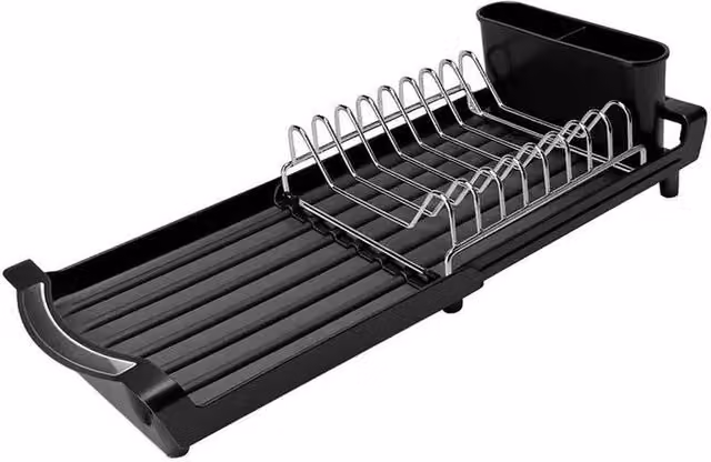 VOGREX Expandable Stainless Steel Dish Rack with Detachable Drip Tray in Black – 1