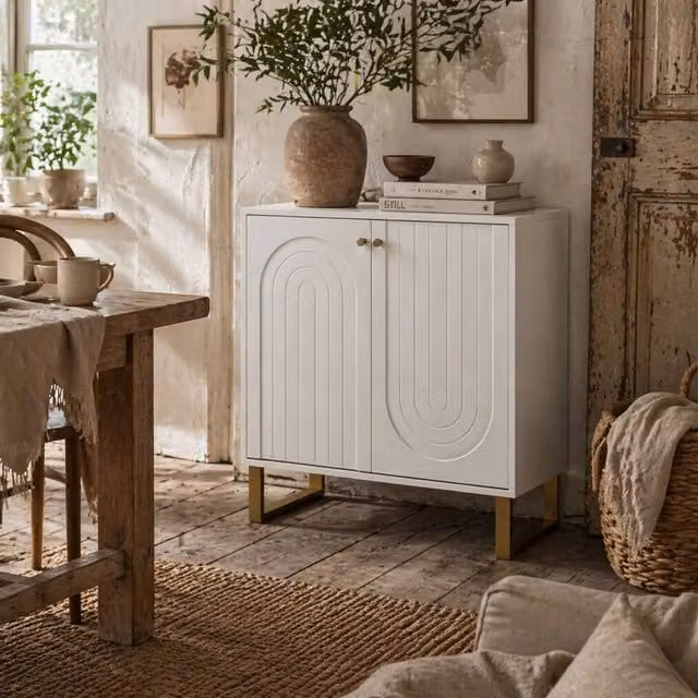 Wyld Haus Tarezi Nedi White 2 Door Sideboard with Gold Accents