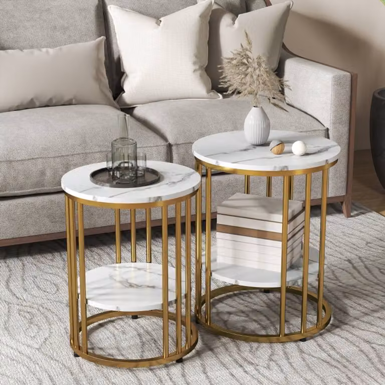 STILVORA 2 Piece Round Coffee Table Set with Marble Tops and Gold Steel Frame