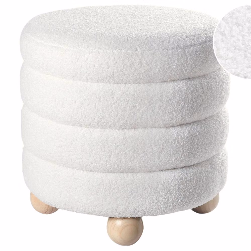 Wyld and Coco Off-White Boucle Pouffe with White Pine Legs W/D/H: 42 x 41 x 41 cm – 2