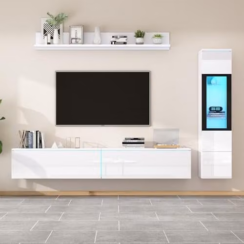 BTM White High Gloss LED TV Stand and Wall Unit Set of 3 with Display Cabinet and Hanging Shelf – 1