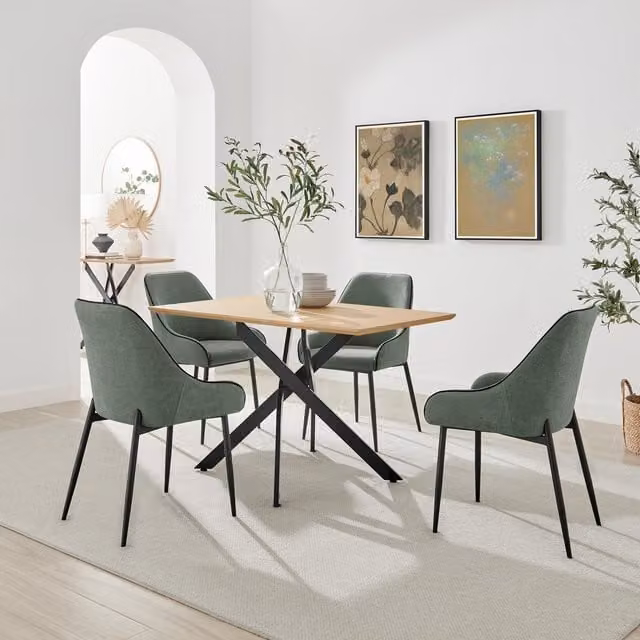 FurnitureboxUK Leonardo Oak Effect Rectangular Dining Table and 4 Beaumont Green Fabric Chairs in Brown – 1