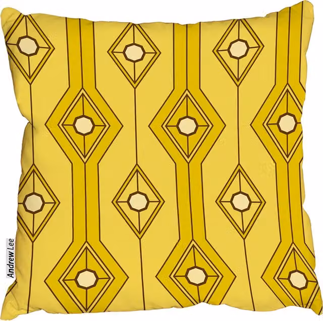 Andrew Lee Yellow Rhombus Seamless Pattern Cushion with Strips and Leaves, W/D/H: 60 x 60 x 1 cm