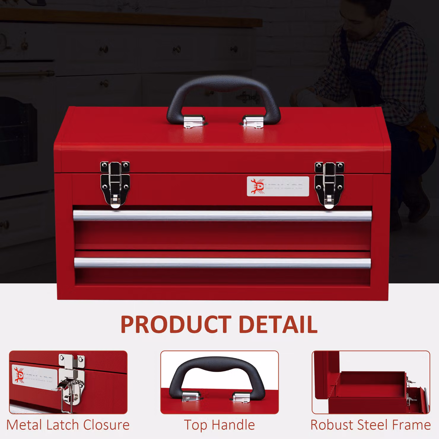 DURHAND Metal Tool Box with Lock and 2 Drawers, Red – 4