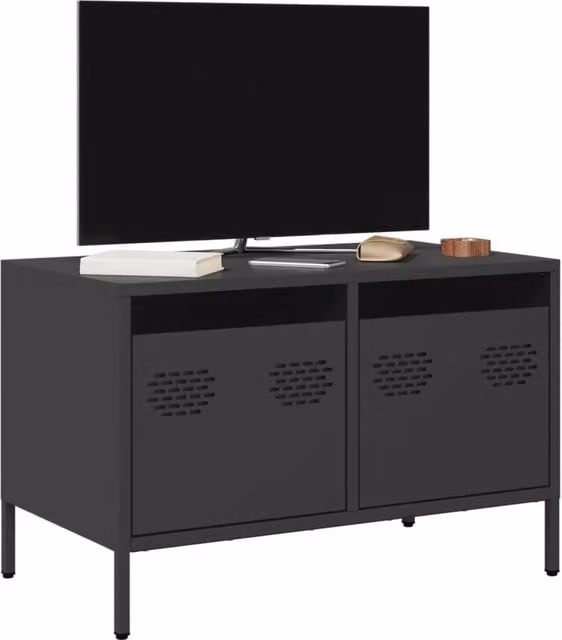 Berkfield Home Industrial TV Cabinet in Black Matt Cold-rolled Steel, W: 68 cm, D: 39 cm, H: 43.5 cm