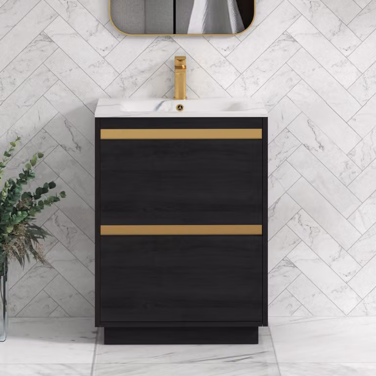 Royal Bathrooms Orion 600mm Floor Standing 2 Drawer Vanity Unit in Hale Black with Carrara White Basin and Brushed Brass Accent Trim