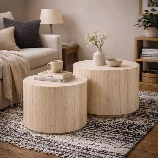 Wyld Haus Munkebo Set of 2 Round Travertine Effect Coffee Tables in Natural Sand and Beige