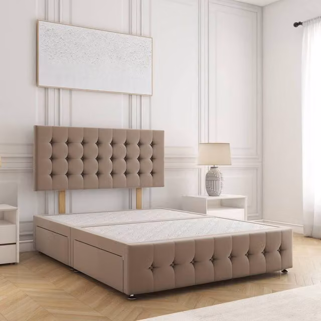 BSSPOKE Eva King Size Divan Bed with 24 inch Headboard and 2 Drawers in Taupe Plush Velvet
