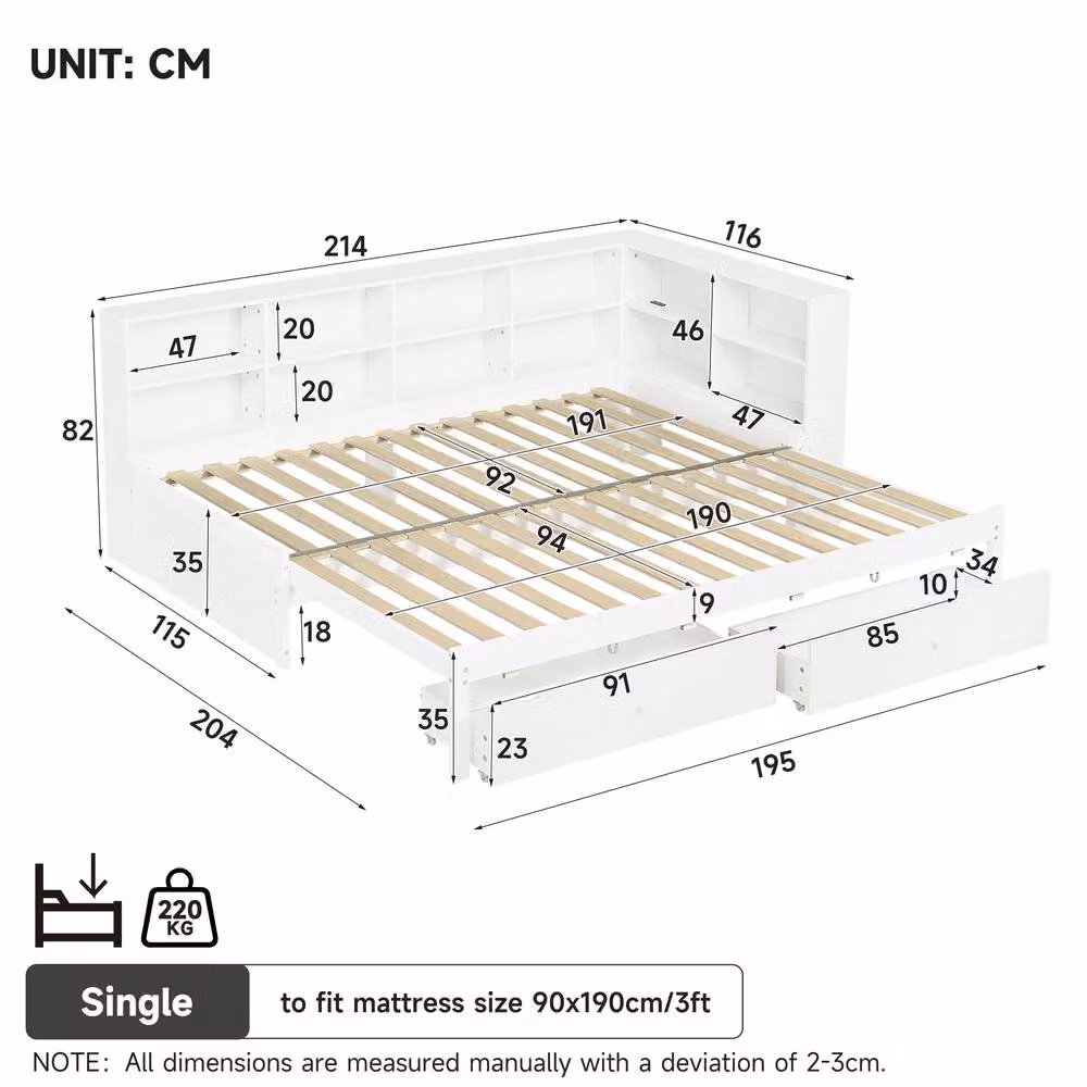 Rolipo White Solid Wood Convertible Daybed with Storage Drawers and USB Charging Port, W/D/H: 140 x 200 cm – 2