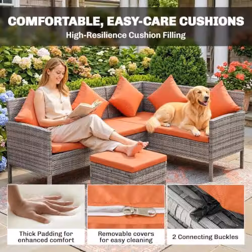 Outsunny 5 Piece Rattan Garden Dining Corner Sofa Set in Orange – 4