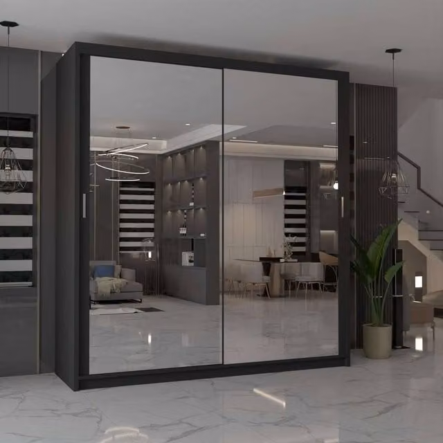 MN Furniture Cuba Black Sliding Mirror Wardrobe with Integrated LED Lighting W/H: 203 x 217 cm – 1