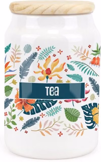 Purely Home Floral Tropical Flowers Ceramic Tea Storage Canister in Green and White