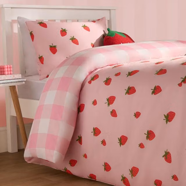 OHS Reversible Pink Checked Duvet Cover and Pillowcase Set, W/D/H: 90 x 200 cm