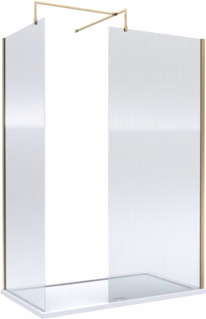 Balterley Walk-in Wetroom Screen and Tray Set with 8mm Patterned Glass and Brushed Brass Profile in Gold, W/D/H: 140 x 90 cm
