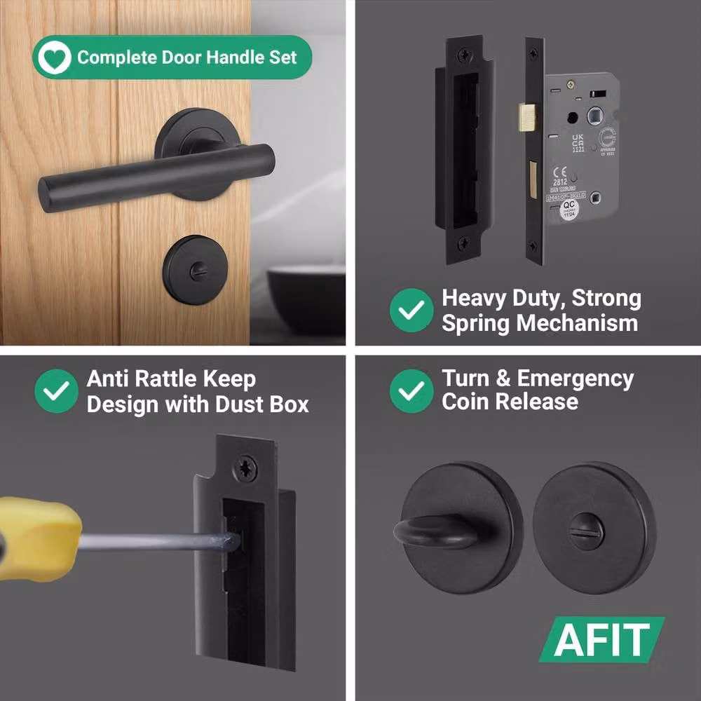 AFIT Matt Black Stainless Steel Return to Door Handles with Bath Lock 64mm, W/D/H: 150 x 150 x 150 mm – 4