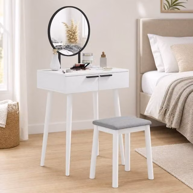 STILVORA Modern White Dressing Table with Mirror, Drawers and Stool, W/D/H: 123 x 40 x 40 cm
